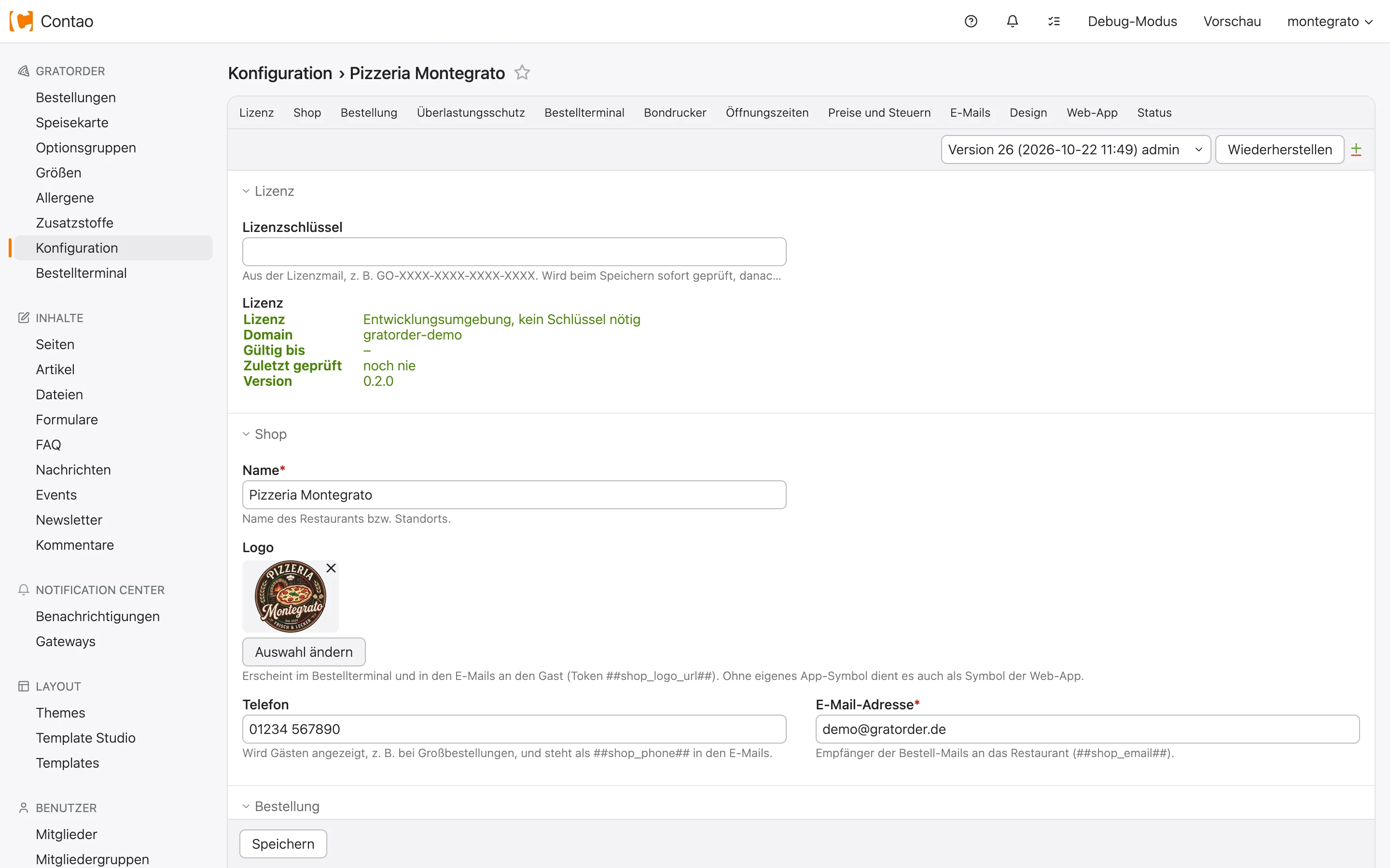 GratOrder-Konfiguration im Backend