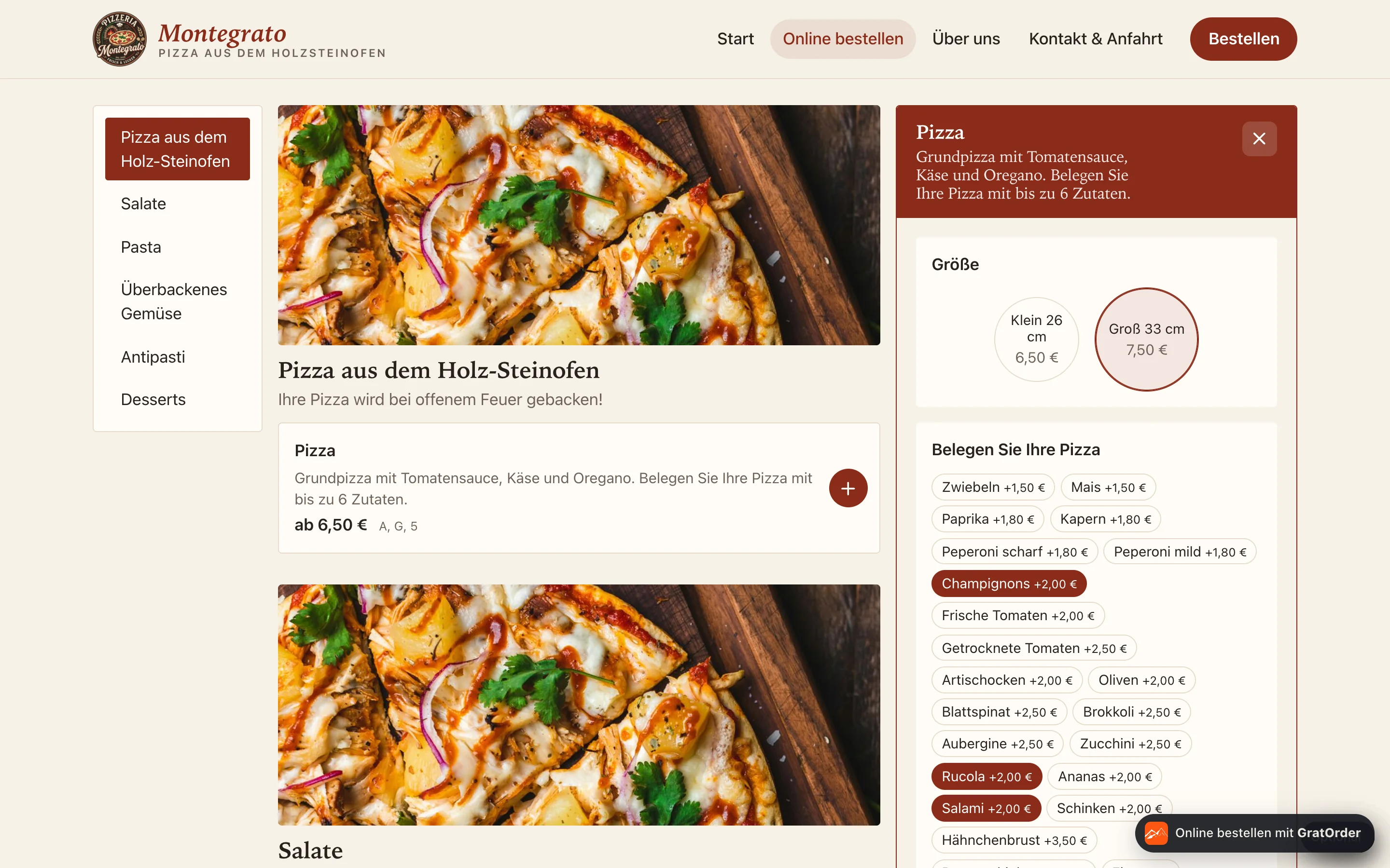 Bestellshop im Layout „Werkbank“ mit Pizza-Konfigurator