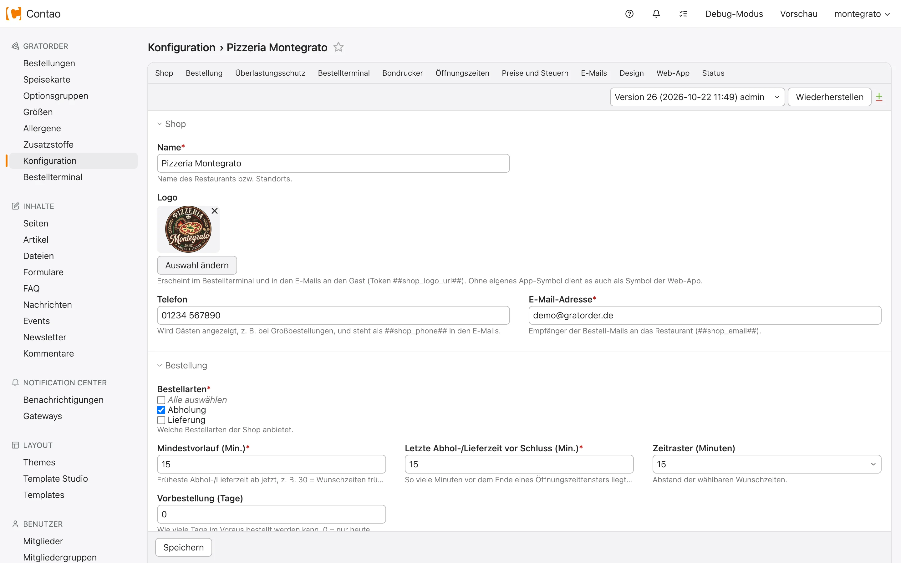 GratOrder-Konfiguration im Backend