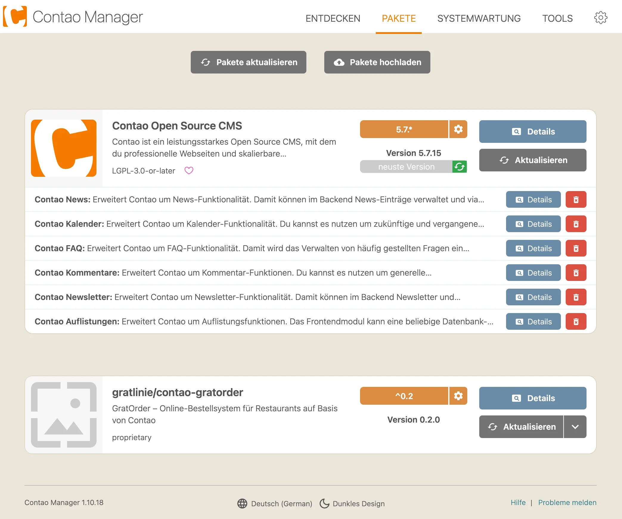 GratOrder in der Paketübersicht des Contao Managers