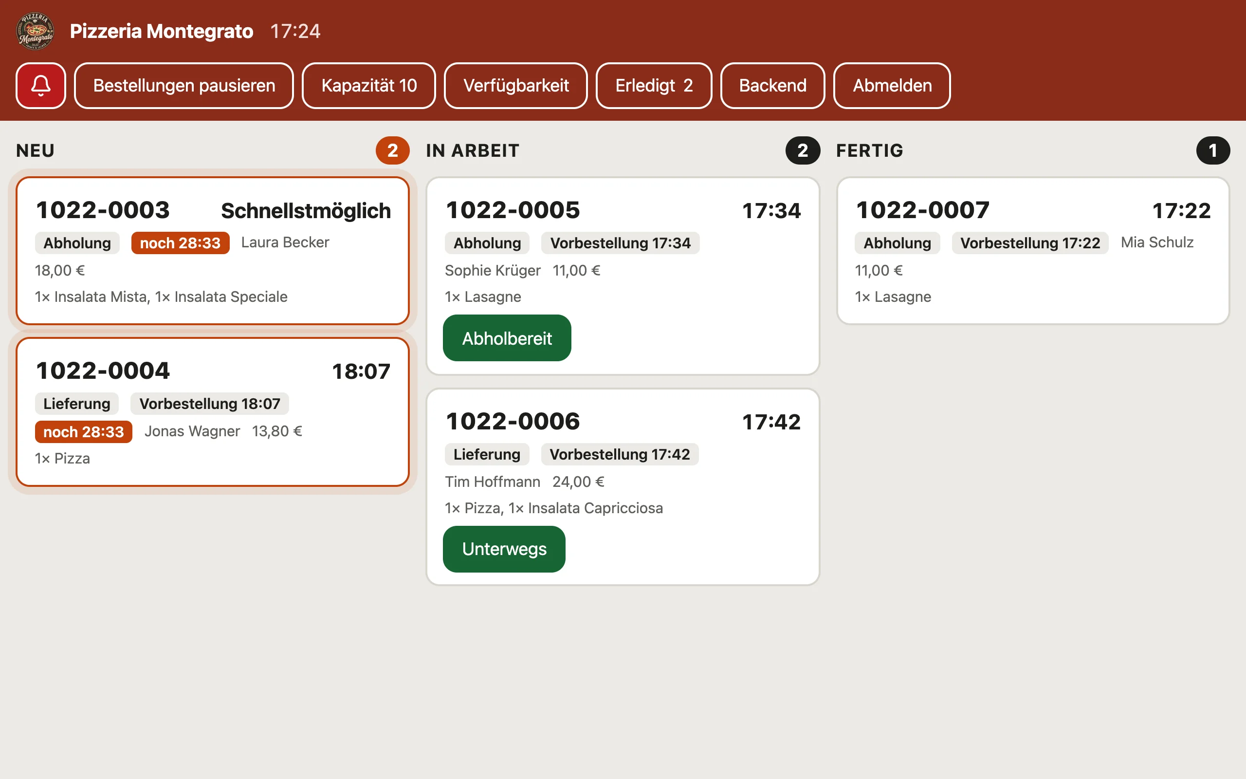 Bestellterminal mit neuen, laufenden und fertigen Bestellungen